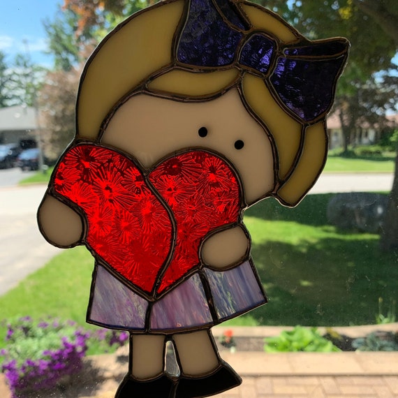 Little Girl with Big Heart Stained Glass Suncatcher in Purple Dress and Bow