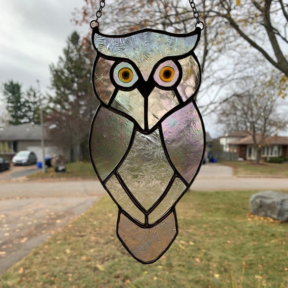 Owl Stained Glass Suncatcher in Clear and Textured Glass with 3D Eyes