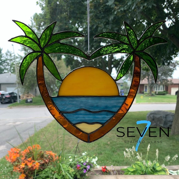 Stained Glass Tropical Beach Heart with Palm Trees and Sunshine