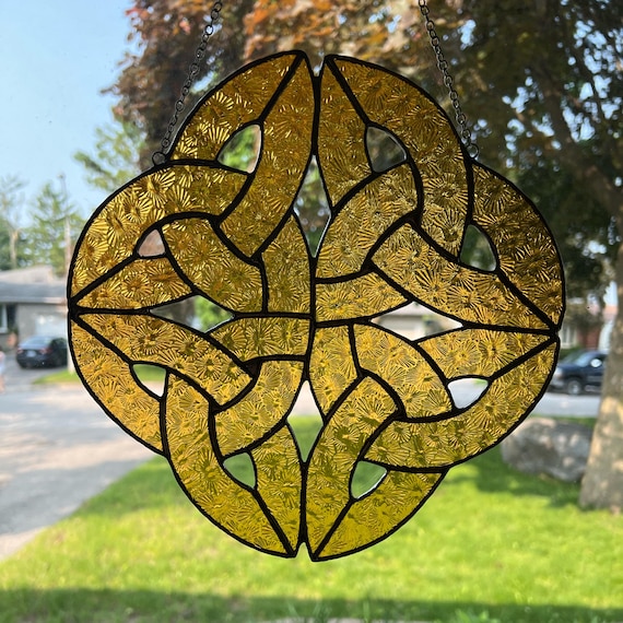 Celtic Knot Stained Glass Suncatcher in Textured Gold with Silver Solder