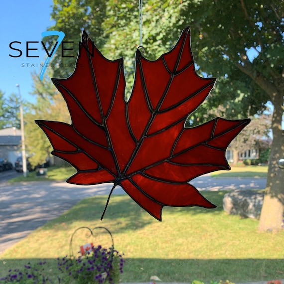 Red Maple Leaf Stained Glass Suncatcher with Silver Solder