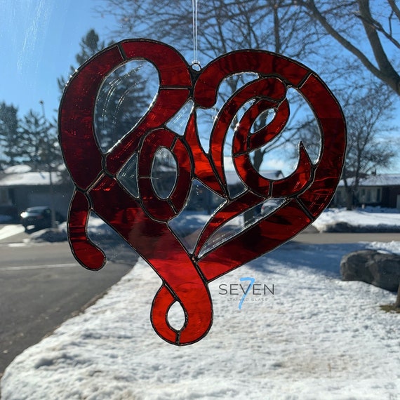 Valentine Love Heart, Red and Iridescent Stained Glass