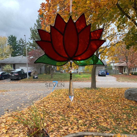 Lotus Blossom Stained Glass Suncatcher in Streaky Red with Crystal Drop, 7" x 7" (add 2.5" for Drop)