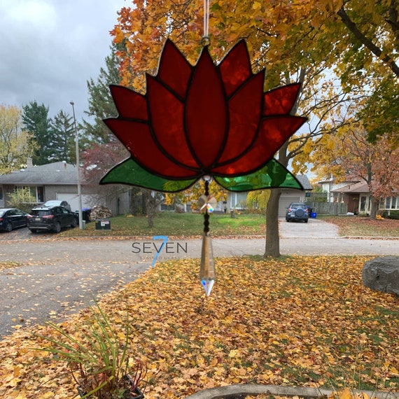 Stained Glass Lotus Blossom in Streaky Red with Crystal Drop, 7" x 7" (add 2.5" for Drop)