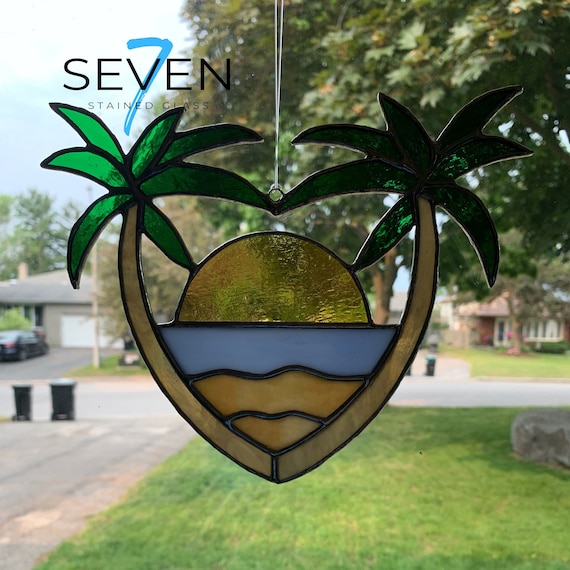 Stained Glass Tropical Beach Heart with Palm Trees and Sunshine