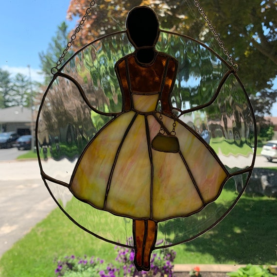 Stained Glass Dark Skinned Lady in Yellow Dress with 3D Purse Dangle