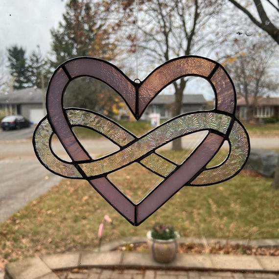 Infinity Heart Stained Glass Suncatcher in Textured Soft Pink and Iridescent Clear Florentine