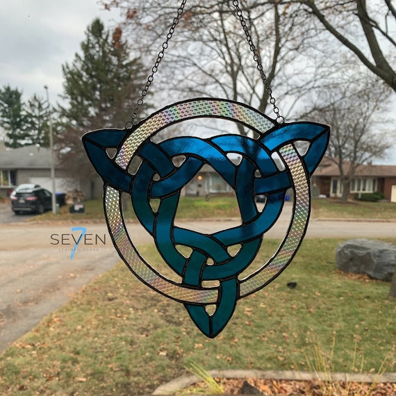 Celtic Knot Stained Glass Suncatcher.  Triple Triquetra Knot in Circle in Turquoise and Iridescent Textured Clear
