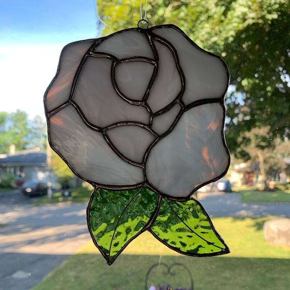 Rose Stained Glass Suncatcher in Streaky Light Mauve, Textured Green and Wire Accent