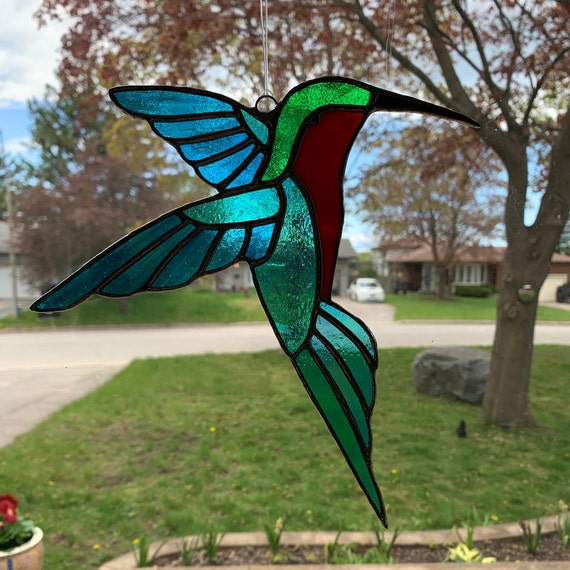 Hummingbird Stained Glass Suncatcher In Iridescent and Lightly Textured Red, Green and Turquoise