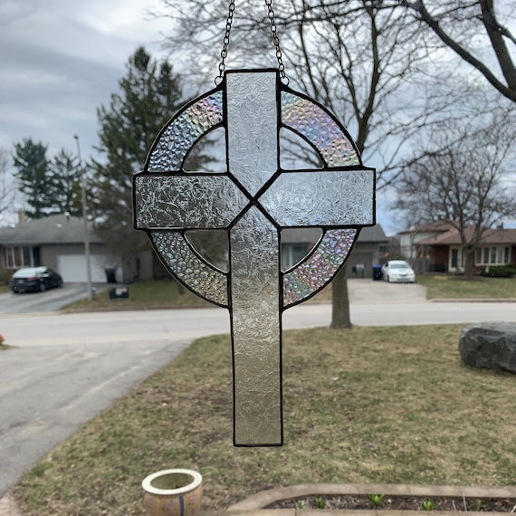 Christian Cross Suncatcher in Textured and Iridescent Clear Stained Glass