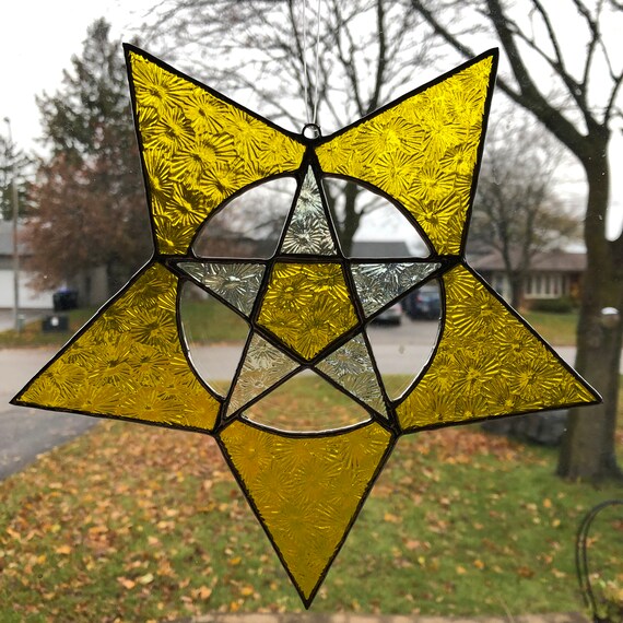 Stained Glass Pentagram in Pentagram in Textured Brilliant Gold and Iridescent Clear