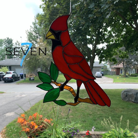 Stained Glass Cardinal on a Branch with Leaves (lg)