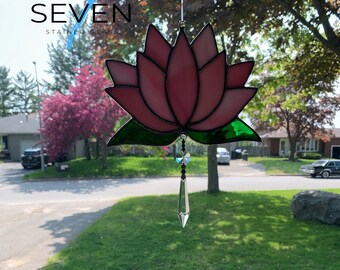 Lotus Blossom Stained Glass Suncatcher in Streaky Pink with Crystal Dangle, Opal Iridescent (one side).