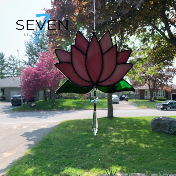 Lotus Blossom Stained Glass Suncatcher in Streaky Pink with Crystal Dangle, Opal Iridescent (one side).