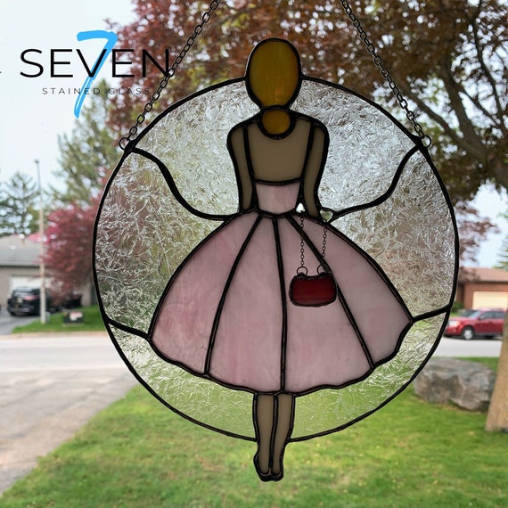 Stained Glass Lady in Pink Dress Surrounded by Double Gluechip with 3D Purse Dangle