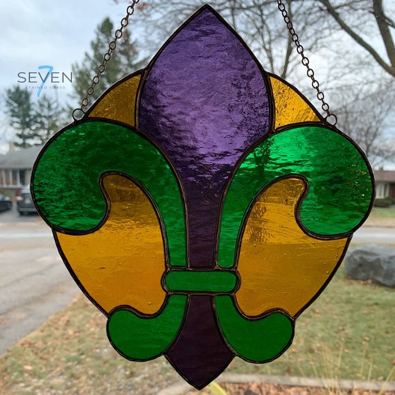 Fleur-de-Lis Stained Glass Suncatcher in Brilliant Gold, Green and Purple with Silver Chain Hanger,  10" x 9", Color may vary slightly