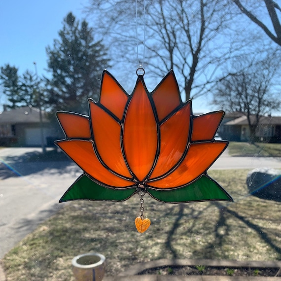 Lotus Blossom Stained Glass Suncatcher in Streaky Orange with Crystal Dangle
