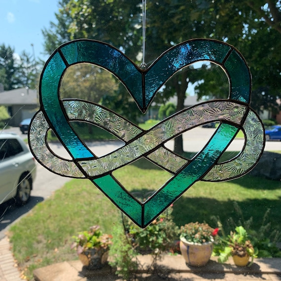 Infinity Heart Stained Glass Suncatcher in Turquoise and Iridescent Clear Florentine