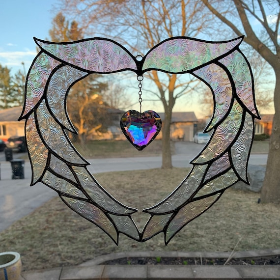 Angel Wing Heart Suncatcher, in Textured, Iridescent Clear Stained Glass with Prism Drop