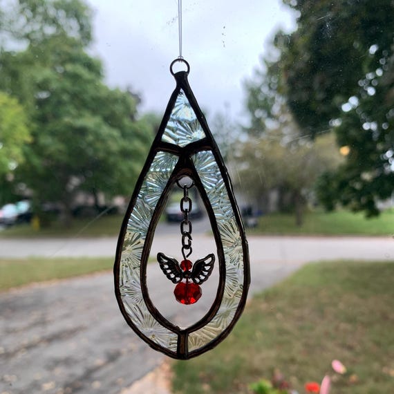Teardrop Stained Glass Suncatcher Ornament, Window Hanging in Iridescent Glass with Dangling Ornament or Angel Drop, Set of Two