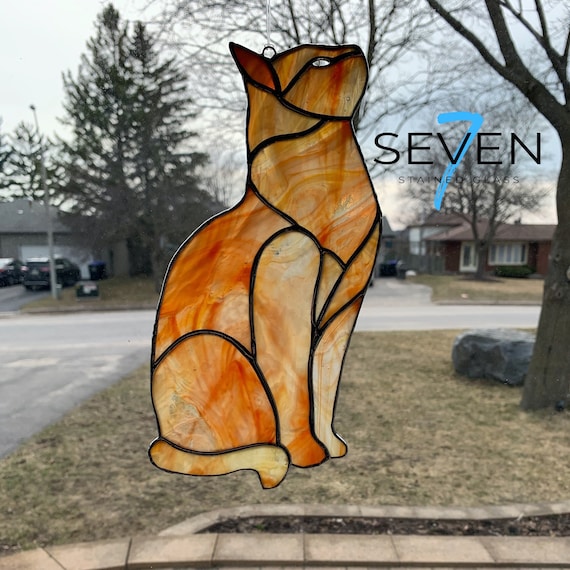Stained Glass Stargazing Cat in Red and Yellow Streaky