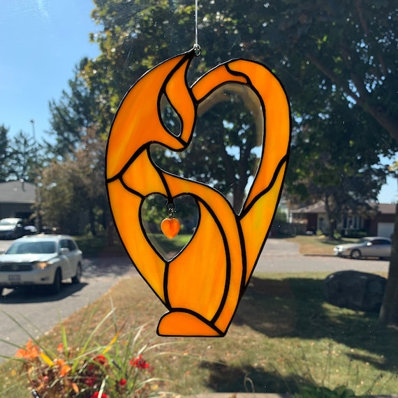 Ginger Cat Stained Glass Suncatcher in Orange Streaky and Stone Heart Dangle