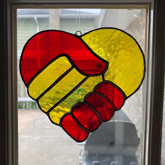 Stained Glass Heart of Loving Hands in Brilliant Red and Yellow
