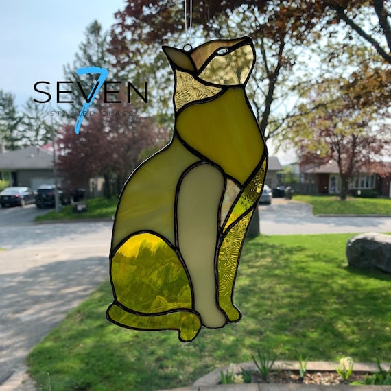 Stained Glass Cat in Yellow Textures, Opalescent and Clear