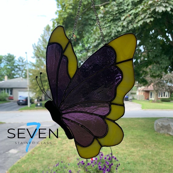 Butterfly Stained Glass Suncatcher in Purple and Yellow Streaky with Wire Antennae