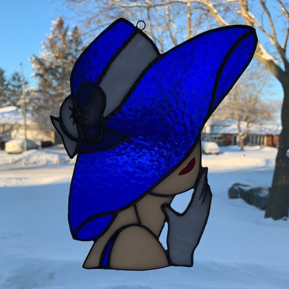 Stained Glass Lady in Blue Hat with 3D Elements