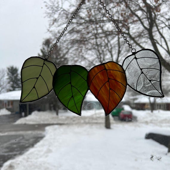 Four Seasons Leaves Wall Hanging, Suncatcher in Stained Glass with Wire Accent