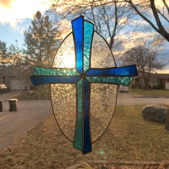 Christian Cross Stained Glass Suncatcher in Brilliant Blues Inside Glue Chip Oval