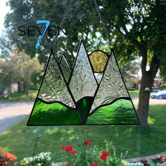 Mountain Range Suncatcher, in Textured Clear and Green Stained Glass with Silver Colored Solder and Chain Hanger