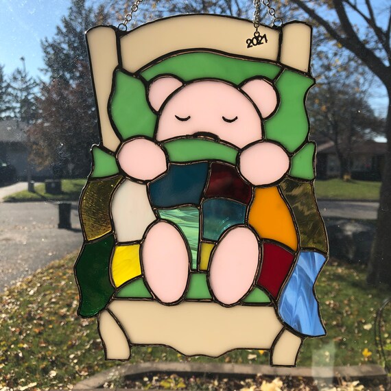 Stained Glass Teddy Bear in Bed in Pink, 9.5" x 7.5"