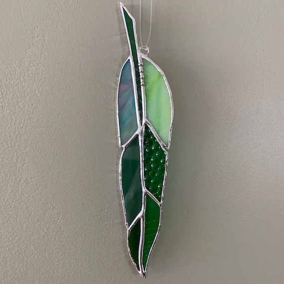 Feather Stained Glass Suncatcher in Shades of Green (Shade and Texture will vary)