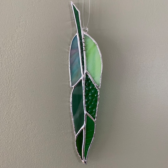 Stained Glass Feather II in Shades of Green (Shade and Texture may vary)