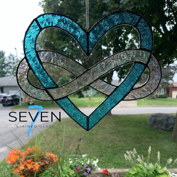 Stained Glass Infinity Heart in Turquoise and Iridescent Clear Florentine