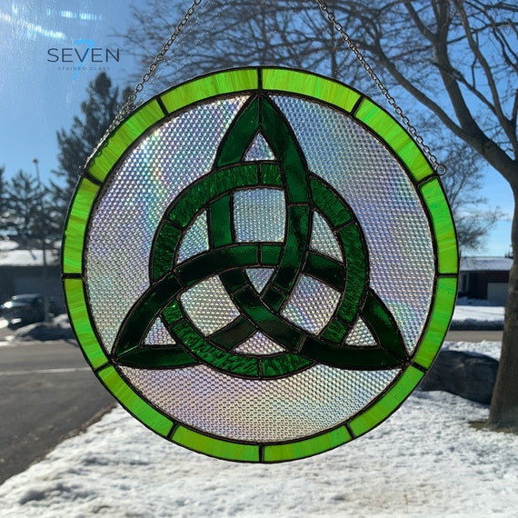 Celtic Knot Stained Glass Window Art, in Greens and Iridescent Textured Clear