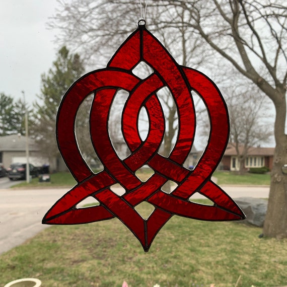 Celtic Heart Knot Stained Glass Suncatcher In Lightly Textured Red, Teal, Green or Blue