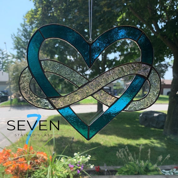 Celtic Infinity Heart Stained Glass Suncatcher in Lightly Textured Turquoise and Iridescent Clear Florentine