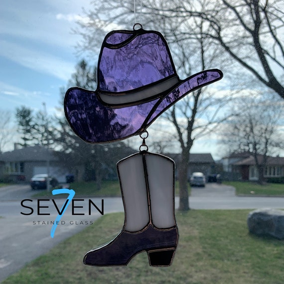 Cowboy Hat and Boot Stained Glass Suncatcher, Country Glass Ornament in Purples