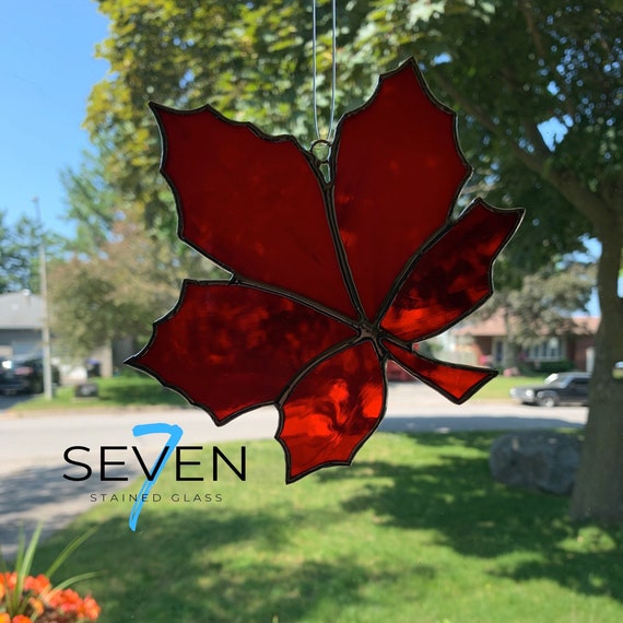 Red Maple Leaf Stained Glass Suncatcher with Silver Solder 5" x 5"