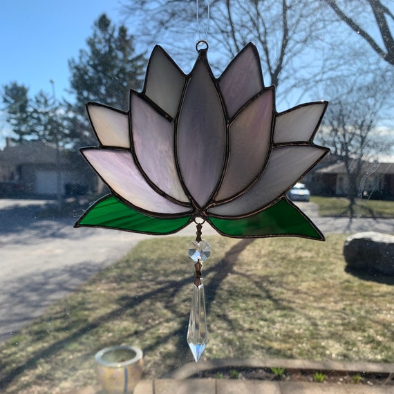 Lotus Blossom Stained Glass Suncatcher in Purple Iridescent one side with Crystal Dangle
