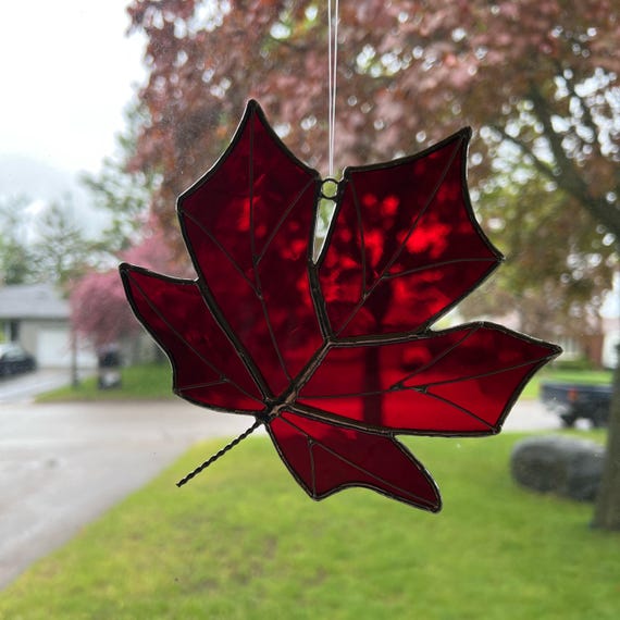 Red Maple Leaf Stained Glass Suncatcher with Wire Accents, 4.5" x 4.5"