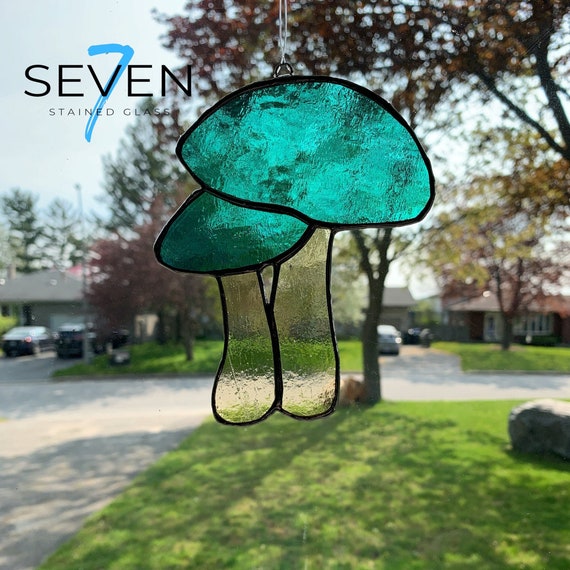 Stained Glass Mushrooms in Luminescent Teal Green and Transparent Light Yellow