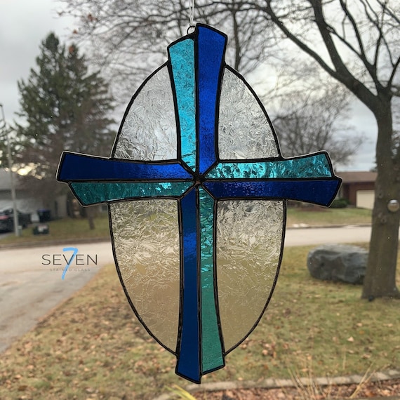 Christian Cross Stained Glass Suncatcher in Textured Bright Blue and Turquoise in Clear Glue Chip Oval, 10" x 7'