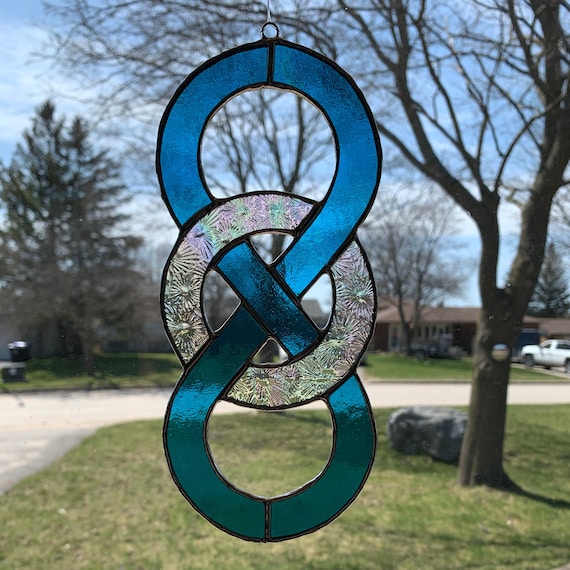 Celtic Figure 8 Knot Stained Glass Suncatcher in Turquoise and Iridescent Clear  with Silver Solder
