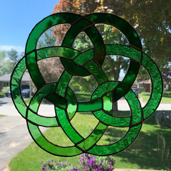 Stained Glass Celtic Triple Knot in Textured, Iridescent, and Light Green