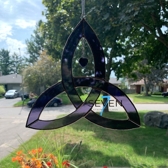 Celtic Knot Suncatcher, Triquetra in Bright Purple Stained Glass with Stone Heart Dangle, 8" x 8"